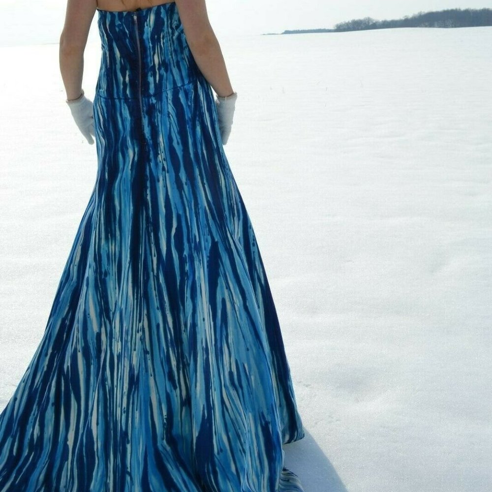 NEW silk Monique Lhuillier painted couture Wedding Dress white blue ivory tiedye - Picture 4 of 16